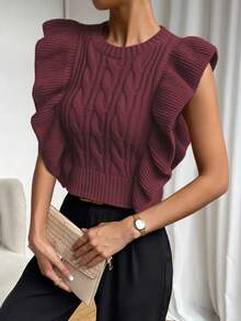 SHEIN LUNE Women's Solid Color Round Neck Cable Ruffle Hem Sleeveless Sweater Vest - Maroon - View 5