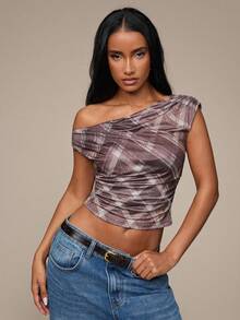 SHEIN BAE Bluză de damă cu guler asimetric, în carouri, stil casual, vară, vacanță - Multicolor - Vizualizare 6