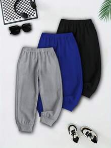 SHEIN Explorewe 男童针织休闲裤三件套，灰/蓝/黑三色可选，百搭长裤，适合户外、运动、日常穿着，秋冬季节穿着舒适，洛杉矶、纽约、加州等美国地区均可穿着。休闲运动裤/慢跑裤 - 彩色 - 查看 2