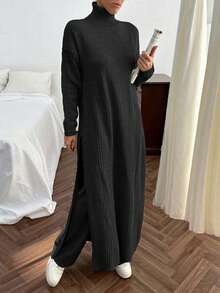 EURMUSE Conjunto de vestido de suéter largo con detalle de abertura y pantalones de suéter de punto acanalado de unicolor para mujer - Negro - Ver 3