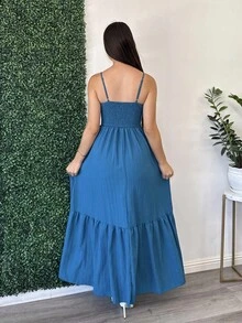 Andrea Bello Women's Romantic Orange Beach Vacation V-Neck Pleated Backless A-Line Cami Long Dress For Spring Summer Hawaii - Teal Blue - View 2