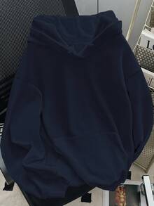 INAWLY Women's Casual Fashion Street Letter Print Drop Shoulder Loose Drawstring Sweatshirt - Navy Blue - View 2