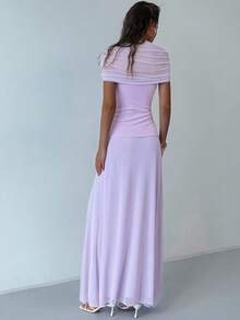 Aloruh Minimalist Party Banquet Light Purple Mesh Patchwork Extra Long Women Dress