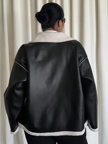 Dazy Plus 大码女式休闲宽松PU拼接仿羊羔绒领街头机车夹克，秋冬保暖内衬皮夹克女式外套 - 黑色 - 查看 2