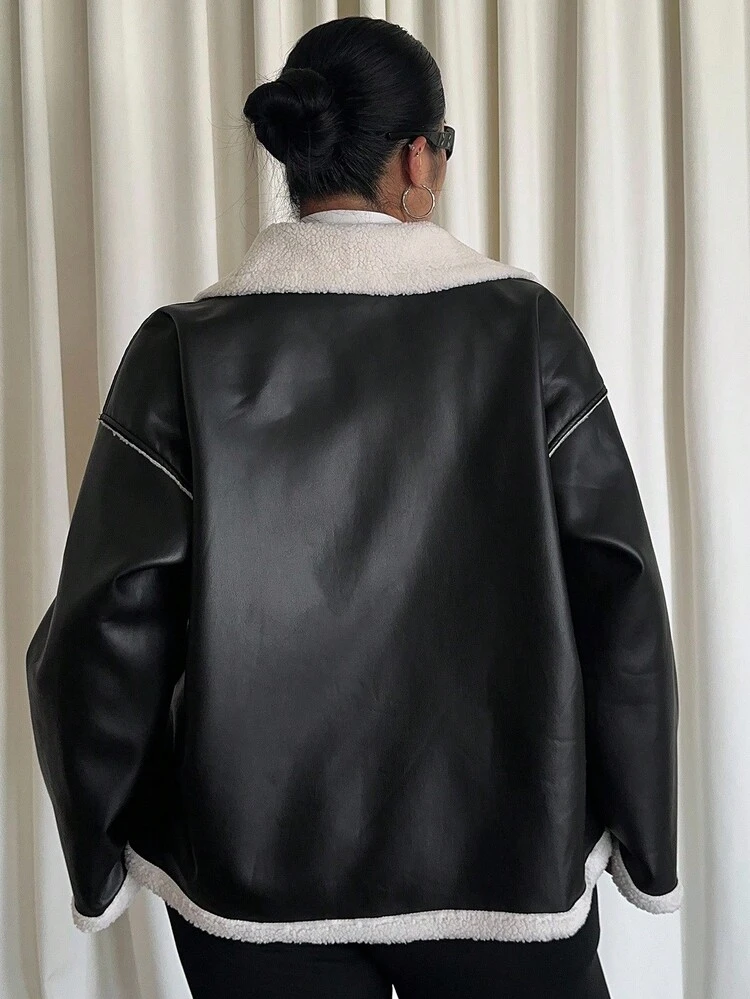 Dazy Plus Plus Size Women Casual Loose PU Patchwork Faux Shearling Collar Street Motorcycle Jacket, Autumn/Winter Thermal Lined Leather Jacket Women Coats