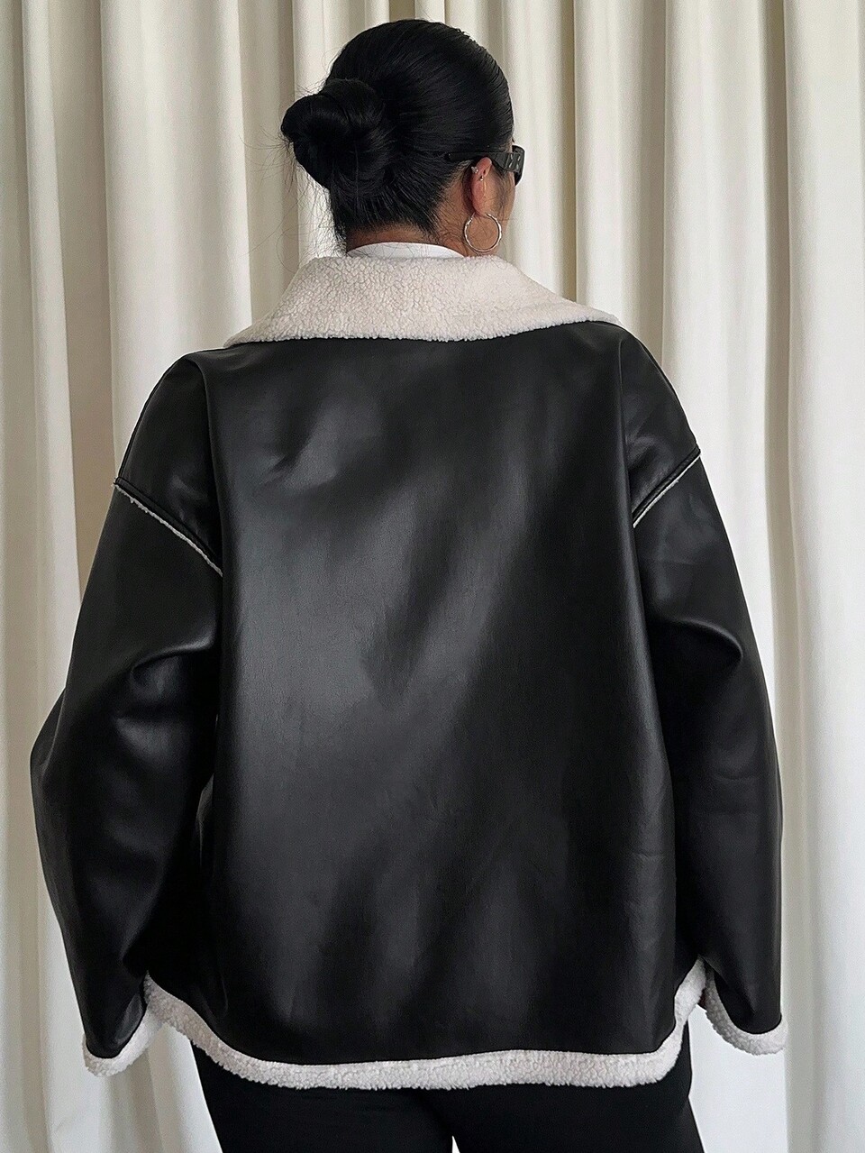 Dazy Plus Plus Size Women Casual Loose PU Patchwork Faux Shearling Collar Street Motorcycle Jacket, Autumn/Winter Thermal Lined Leather Jacket Women Coats