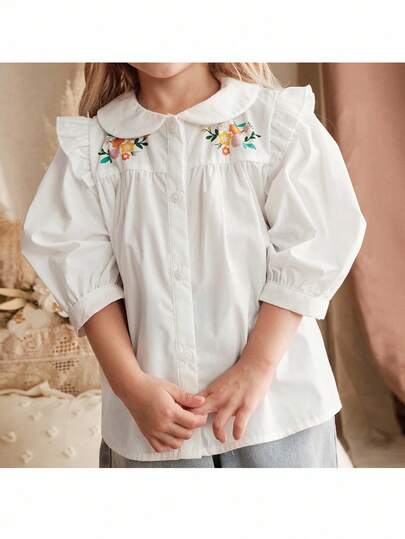 Loomiva Young Girl Floral Print Round Neck 3/4 Sleeve Open Front Blouse, Versatile & Comfortable Fall Winter