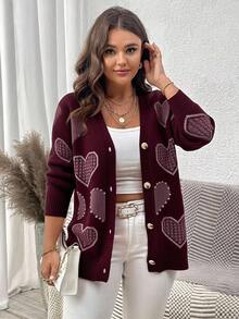 Elenzga Plus Size Casual Colorblock Heart Studded Embellished Cardigan, Autumn - Burgundy - View 8