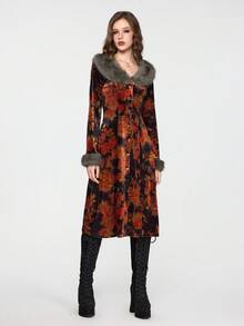 ROMWE EDITION Vintage Floral Print Plush Patchwork Cardigan Jacket For Women, Halloween - Multicolor - View 5