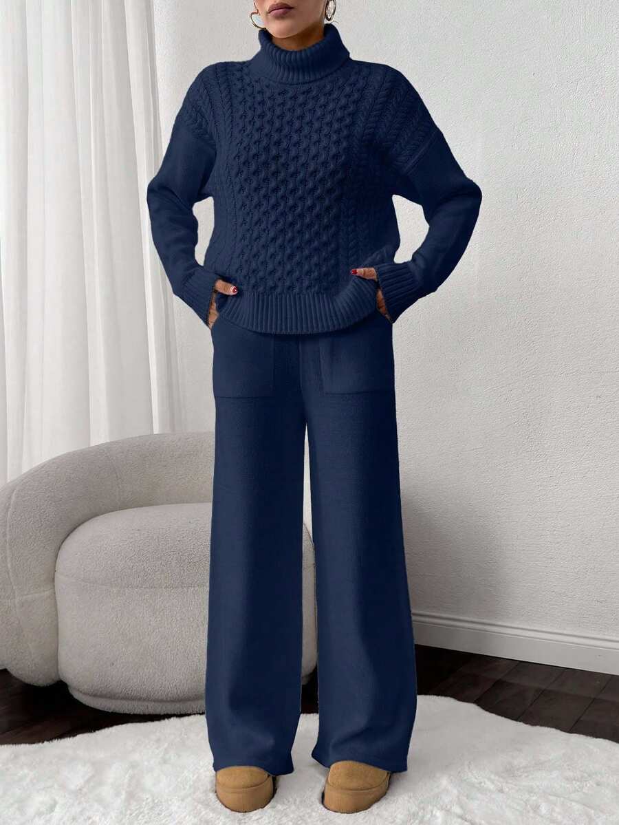 EURMUSE 2pcs Set: Cable Knit Turtleneck Long Sleeve Top And Solid Color Pants - Navy Blue - View 1
