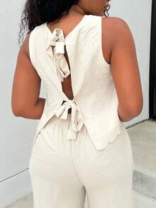 Alexandranx 女装夏季肌肉简约日常老款风亚麻系带两件套，系带两件套，贝壳边饰无袖上衣和裤子套装，系带前教师装工作女装连衣裙两件套 - 杏色 - 查看 3
