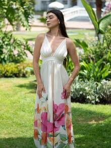 Andrea Bello 女式花卉印花深V领露背连衣裙，适合夏季度假和海滩穿着 - 米色 - 查看 1