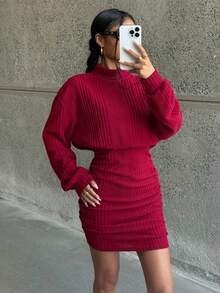 SHEIN 少女红色罗纹高领宽松腰部贴身臀部褶饰贴身连衣裙，休闲优雅复古百搭分层长袖短裙，适合圣诞派对、圣诞礼物、圣诞连衣裙 - 紅色 - 查看 5