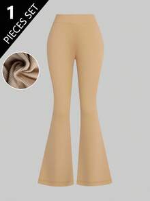 Celana Legging Kasual Model Lebar dengan Pinggang Elastis Warna Polos untuk Remaja Perempuan, Cocok untuk Musim Gugur dan Musim Dingin - Aprikot - View 6