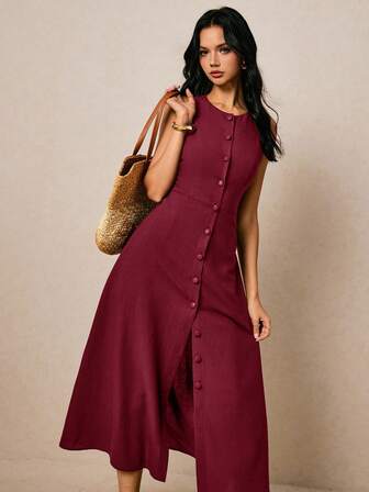 Poéselle Women's Burgundy Plain Midi Dress, Sleeveless Round Neck A-Line Style With Front Buttons And Flared Hem, Curve Midi Dress, Maroon Midi Dress, Button Front Dress