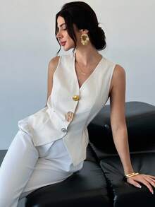 Firerie Women's Elegant Beige Summer Brunch Minimalist Linen Cotton Metal Button V-Neck Sleeveless Vest Shirt,Urban Chic Back-To-School Teacher Casual Tops - Apricot - View 6