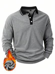 Manfinity Homme 男士休閒對比色保暖領圓領套頭拼色運動衫，秋冬款 - 灰色 - 查看 5