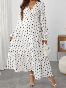 SHEIN 孕妇蝴蝶结印花重叠V领长袖荷叶边下摆优雅连衣裙 - 米色 - 查看 2