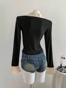 Sweetra 1pc Women's Striped Splice Tight Long Sleeve T-Shirt, 2 In 1 Shirt Collar Tee , Fashion Casual Street Style, Autumn/Winter Tees Women Tops For Spring - Khaki - View 3