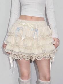 ROMWE Kawaii Hime Gyaru 可爱甜美蛋糕设计女式裙裤 - 杏色 - 查看 1