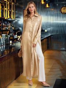 Amorya Women's Elegant Gold Shirt Collar Long Split Dress,Autumn Satin Silky Maxi Dress For Party,Gatherings,Commuting And Halloween Costume - Gold - View 10
