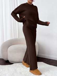 EURMUSE 2pcs Set: Cable Knit Jacquard Long Sleeve Top And Solid Color Pants - Brown - View 6