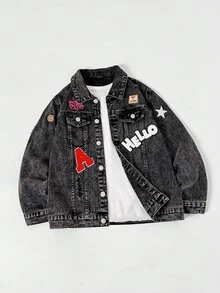 SHEIN 青少年男孩时尚休闲 Y2K 复古酷炫街头风返校学院风可爱字母标签设计简约基础舒适黑色牛仔翻领长袖外套柔软日常穿着秋冬派对音乐节居家街头风校园装 - 黑色 - 查看 3