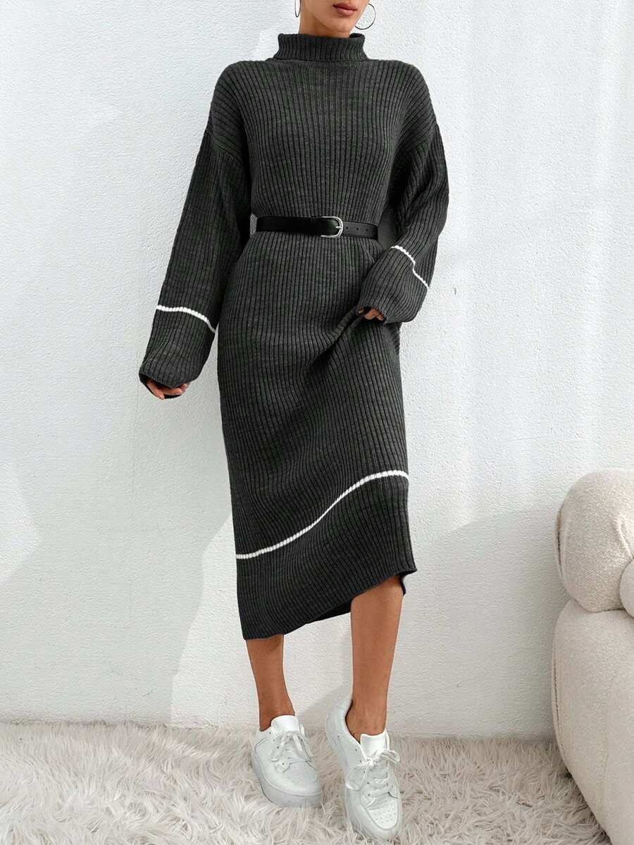 EURMUSE Women's Casual Drop Shoulder Long Sleeve Turtleneck Ribbed Color Block Knitted Sweater Dress, Autumn/Winter - Dark Grey - View 1