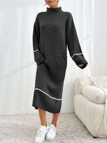 EURMUSE Women's Casual Drop Shoulder Long Sleeve Turtleneck Ribbed Color Block Knitted Sweater Dress, Autumn/Winter - Dark Grey - View 4