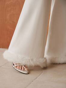 Uhlyne Women's Autumn White Faux Fur Patchwork Wide Leg Pants, Minimalist Pleated Trousers, Versatile For Business, Casual And Holiday Wear - White - View 4