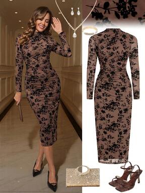 Ellevyn Abito elegante marrone da donna con plissettature, aderente e in tessuto elasticizzato, maniche lunghe, adatto per uso quotidiano e occasioni di festa, autunno/inverno