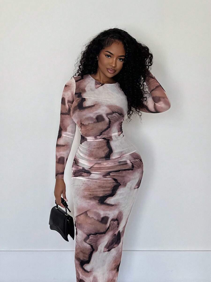 Alexandranx 优雅渐变长袖修身女式连衣裙长款女装 - 彩色 - 查看 1