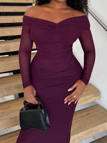 Alexandranx Romantic Off-Shoulder Mesh Twist Ruched Fitted Long Sleeve Dress For Women,Summer Dresses For Women,Tea Party Dress - Violet Purple - View 3