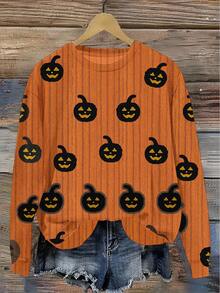 EMERY ROSE Suéter de mujer con estampado de calabaza de Halloween, cuello redondo con estampado gráfico completo de punto - Amarillo - Ver 1