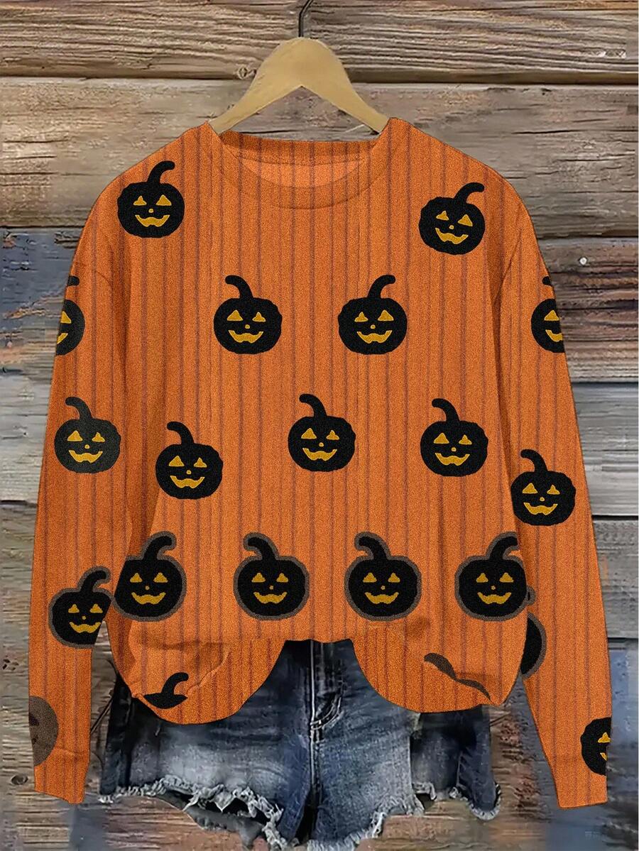 EMERY ROSE Suéter de mujer con estampado de calabaza de Halloween, cuello redondo con estampado gráfico completo de punto - Amarillo - Ver 1
