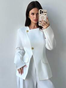 Firerie 女式白色新款优雅商务休闲简约基本款长袖西装外套，不对称翻领，收腰长袖西装套装，春秋冬装，优雅，通勤，休闲，日常，简约，工作装 - 白色 - 查看 2