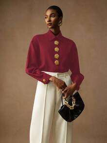 Vesra Blusa de manga larga con hombros caídos y decoración de botones, elegante para otoño - Burdeos - Ver 7