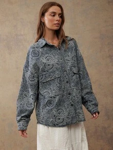 WESTFADE Kemeja Boyfriend Oversized Berkerah dengan Kancing Depan dan Kantong Serbaguna, Motif Paisley Jacquard, Campuran Katun Denim - Dark Wash - View 5