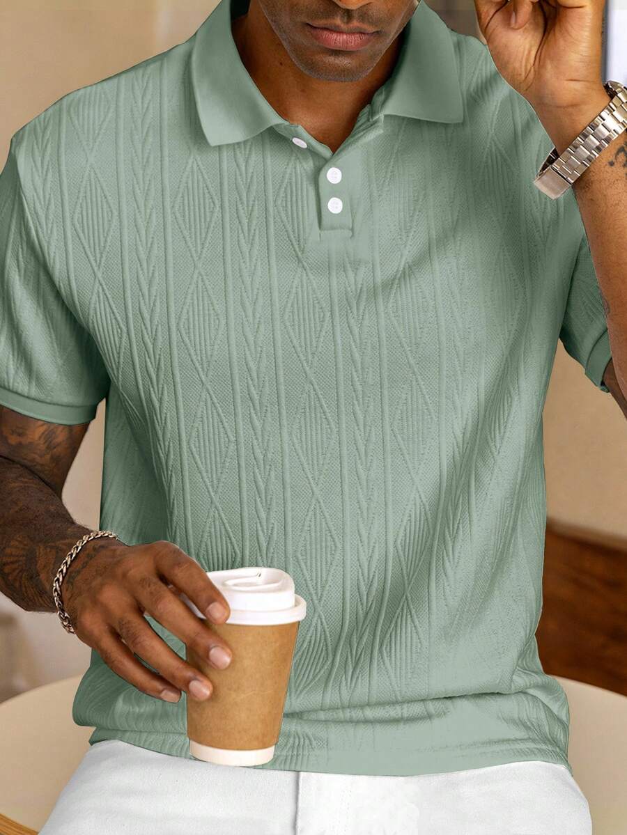 Manfinity Homme Plus Size Men's Casual Solid Color Textured Polo Shirt, Summer - Mint Green - View 1
