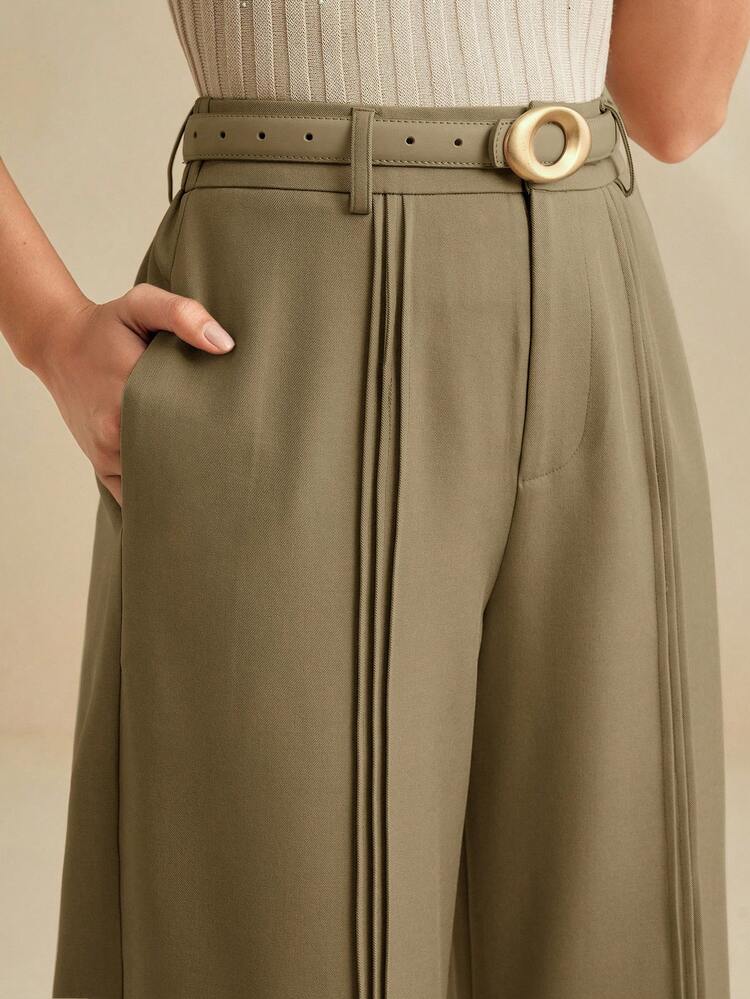 Anewsta Essential Elegant & Sophisticated Pleated Leg Design Decorative Wide Leg Pants For Women, Coffee Color