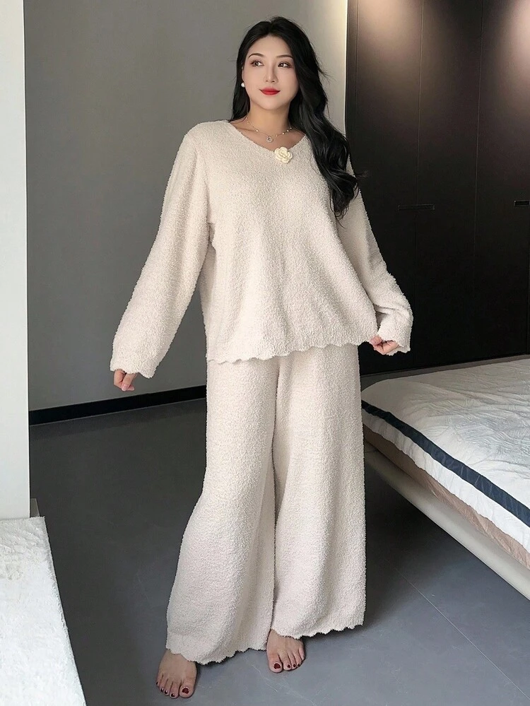 Dazy Plus 2pcs Plus Size Floral Decor Knit Sweater Pants Pajama Set, Suitable For Loungewear Or Outerwear, Autumn/Winter, Cozy Outfit, Fall Clothes
