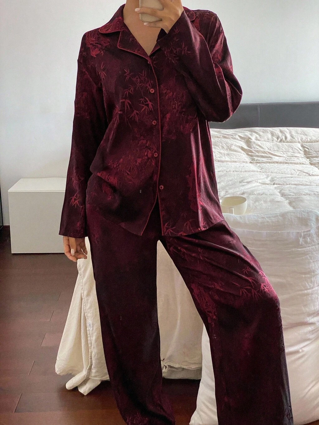 Chinese Style Bamboo Pattern Satin Pajama Set, Fall Winter Clothes