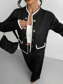 SHEIN 少女优雅简约舒适开衫和裤子套装 - 黑色 - 查看 2