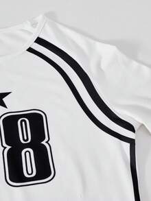 SHEIN Sparklyn 2pcs/Set Tween GirlsNavy Blue Numeric Print Long Sleeve Crew Neck Top And Wide Leg Pants, Casual Outfit Fall Winter - Black and White - View 6