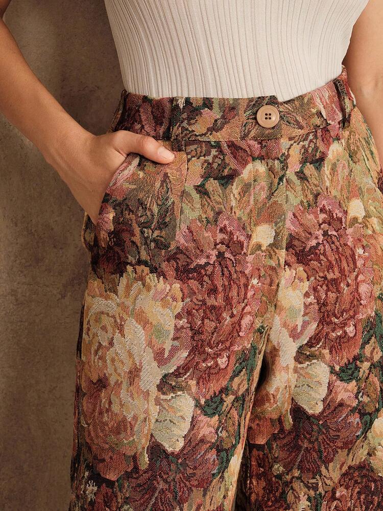 Fashionable Slim Fit Elegant Vintage Floral Jacquard Casual Trousers For Women, Autumn/Winter