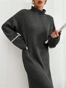 EURMUSE Women's Casual Drop Shoulder Long Sleeve Turtleneck Ribbed Color Block Knitted Sweater Dress, Autumn/Winter - Dark Grey - View 3