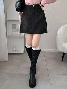 FRIFUL 女款高腰直筒優雅時尚校園風裙 - 黑色 - 查看 7