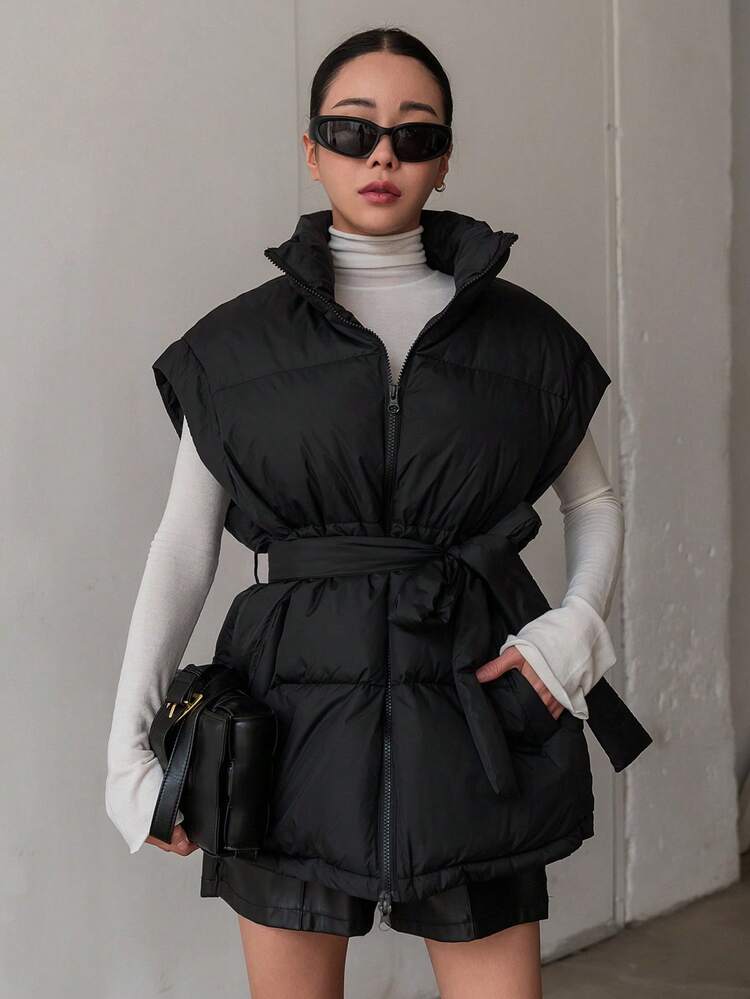 Women's Solid Color Zipper Front Sleeveless Casual Padded Coat, Winter Women Clothes, Padded Coat Women Jacket Vest