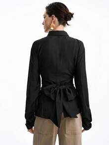 Aalyst 女士法式优雅奢华简约高端休闲度假通勤舒适宽松纯色亚麻面料衬衫领隐形门襟开衩下摆交叉前系带长袖衬衫，春秋冬 - 黑色 - 查看 2