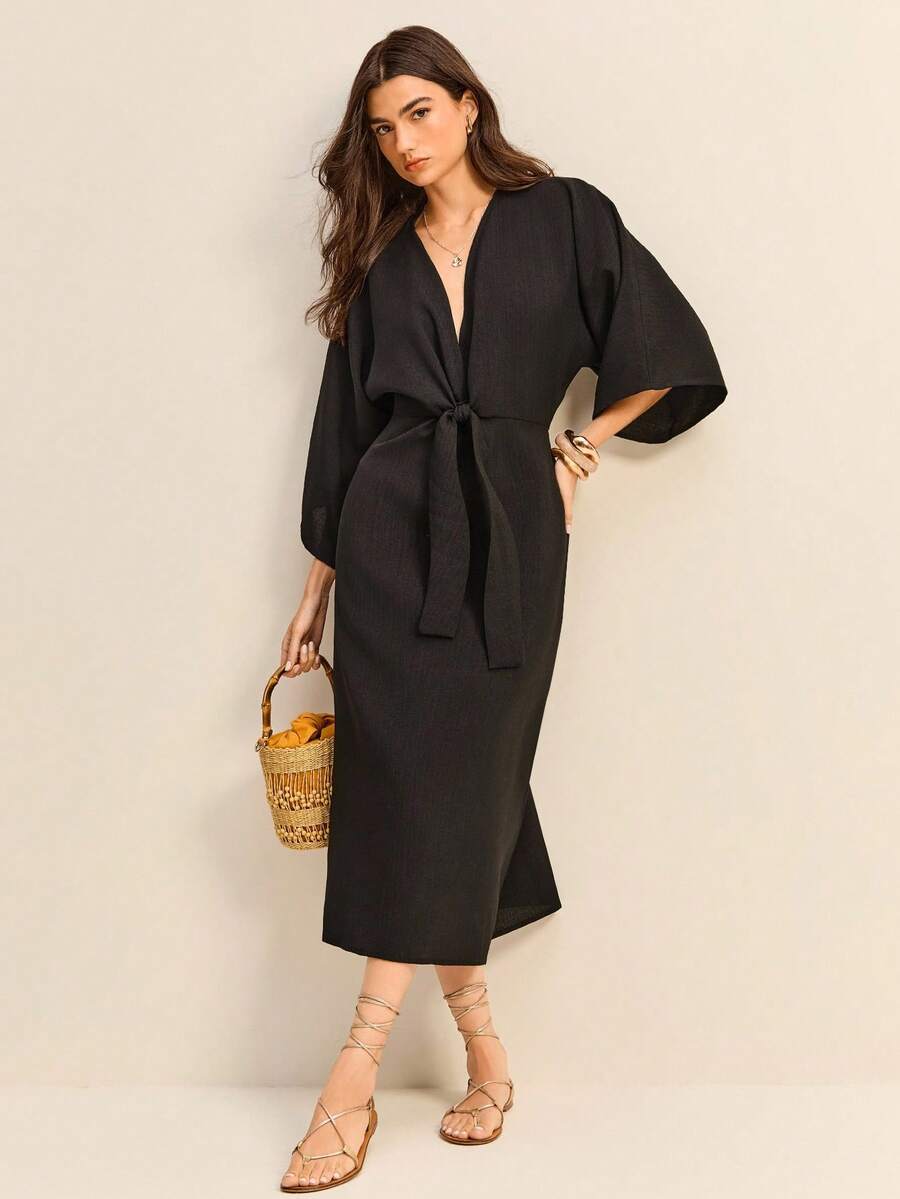 Daynim Solid Knot Front Split Side Denim Dress - Black - View 1